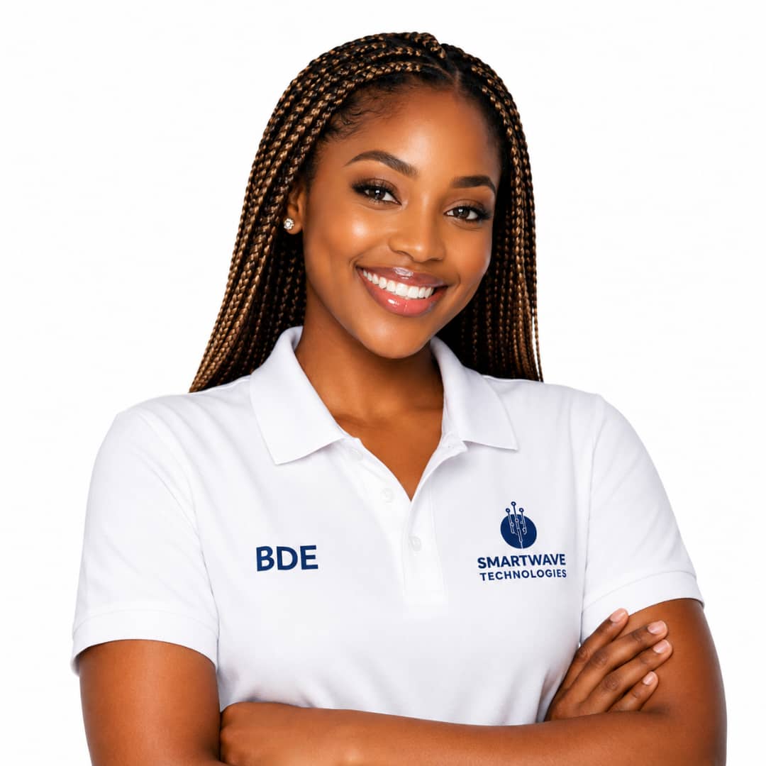 Smart Wave Technologies business development executive in a branded BDE polo shirt