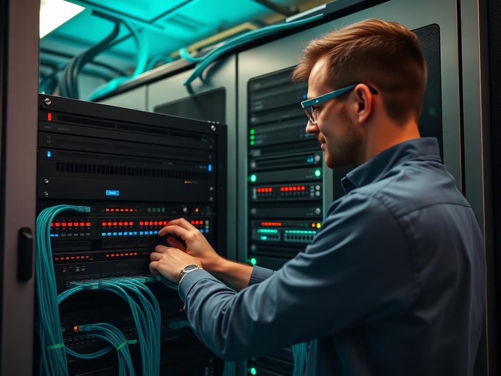 Engineer configuring routers in a network rack